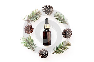 Pine essential oil in bottles on white background top view copy space. Pattern with pine branch and cone