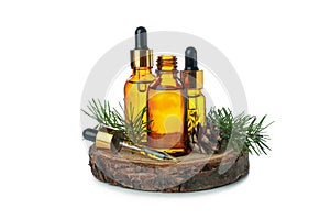 Pine essential oils isolated on white background