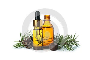 Pine essential oils isolated on white background