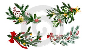 Pine and Fir Tree Branches Decorated with Ribbon and Mistletoe Vector Set