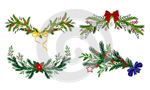 Pine and Fir Tree Branches Decorated with Ribbon and Mistletoe Vector Set