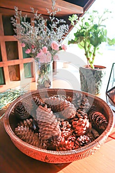 pine flower or dried pine flower and caspia , carnation flowers in a vase