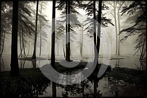 Pine forest with fog and reflection in the pond. Vintage photo.