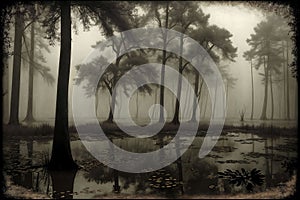 Pine forest with fog and reflection in the pond. Vintage photo.