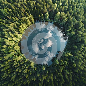 A pine forest with lake aerial photo. Carbon net zero concept