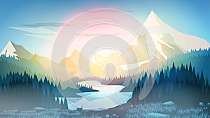 Pine Forest with Mountain Lake at Sunrise or Sunset - Vector Ill