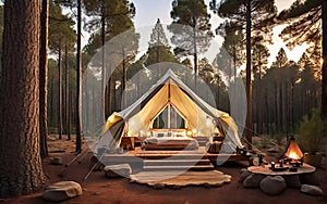 Pine forest retreat as the sun sets, a cozy luxuries camping tent stands amidst a serene pine forest,