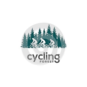 Pine Forest Ride Bike Cycle Bicycle Silhouette Sport Adventure Club Logo Design Vector