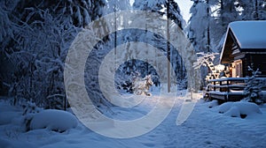 Pine forest in winter cowered with a thick white snow blanket and a star trail in the sky