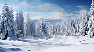 Pine forest in winter cowered with a thick white snow blanket and a star trail in the sky