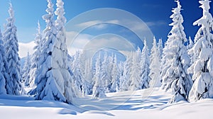 Pine forest in winter cowered with a thick white snow blanket and a star trail in the sky