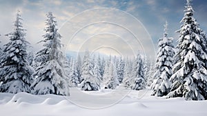 Pine forest in winter cowered with a thick white snow blanket and a star trail in the sky