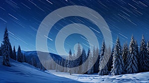 Pine forest in winter cowered with a thick white snow blanket and a star trail in the sky