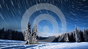 Pine forest in winter cowered with a thick white snow blanket and a star trail in the sky