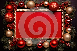 Pine leaf decorated with christmas ball and traditional decorations on red wooden board with copy space, happy new year and