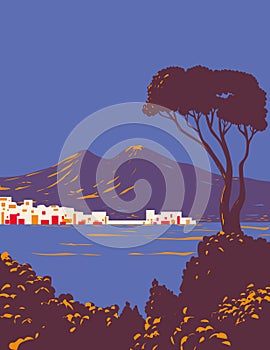 Pine of Naples and Gulf of Naples with Mount Vesuvius Italy WPA Art Deco Poster