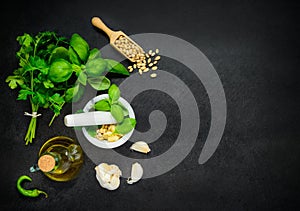 Pine Nuts with Pestle and Mortar on Copy Space