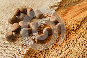 Pine nuts in a shell on a napkin on a wooden background.