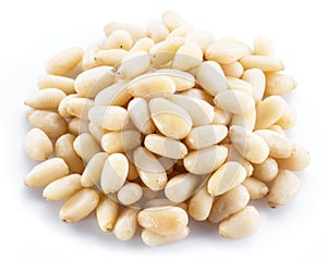 Pine nuts on the white background. Organic food