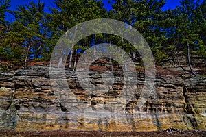 Pine river rock formation along the half mile long, pine topped sandstone little rock at pier park in rockbridge wi