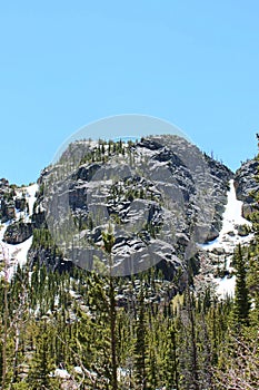 Pine and snow covered mountainside and summit on the Glacier Gorge Trail in Rocky Mountain National Park, Colorado