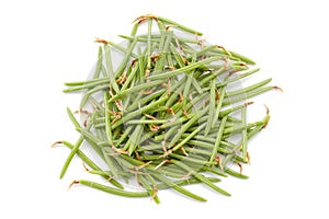 Pine and spruce needles of coniferous trees isolated on white background, top view. Pile of pine needles isolated on