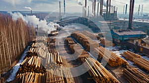 Pine timber stacked at lumber yard