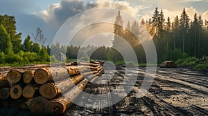 Pine timber stacked at lumber yard