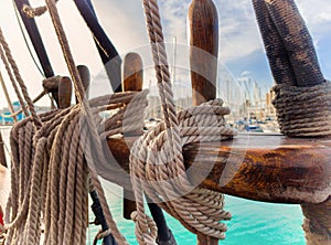 Pine trail with fixed running rigging. An old sailing ship