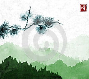 Pine tree branch an green mountains with forest trees in fog on rice paper background. Hieroglyph - clarity. Traditional