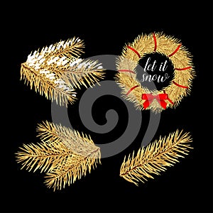 Pine tree branches for Christmas and New Year decorations 4 icons set composition banner. Christmas wreath with red bow.