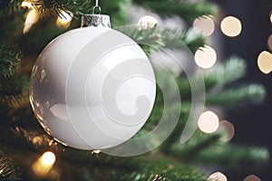Pine tree branches with white bauble Christmas ornament on blurred bokeh lights background