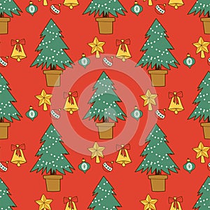 Pine tree cartoon green vector christmas holiday needle leaf trunk fir plant natural seamless pattern illustration