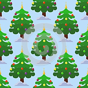 Pine tree cartoon green vector winter holiday needle seamless pattern trunk fir plant natural design illustration