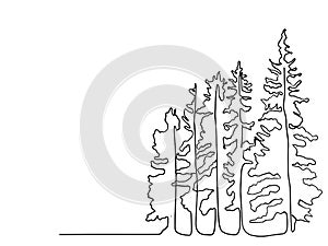 Pine tree continuous line drawing art. simple forest, one line drawing of nature tree vector illustration, line drawing