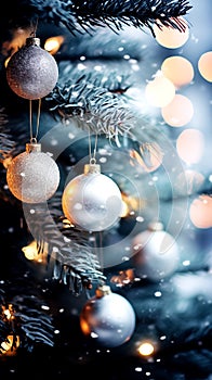 Pine tree decorated with christmas balls,snow,bokeh litter. Generative AI photo