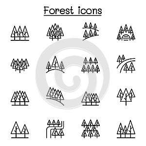 Pine tree forest icon set in thin line style