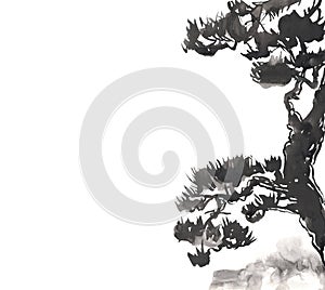 Pine tree gray black watercolor paint in chinise watercolor technique. Isolated on white. Applicable for Banners, Flyers