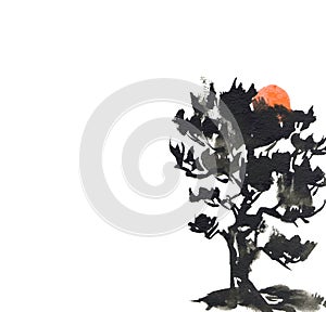 Pine tree gray black watercolor paint in chinise watercolor technique. Isolated on white. Applicable for Banners, Flyers
