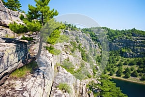 a pine tree growing on a steep cliff