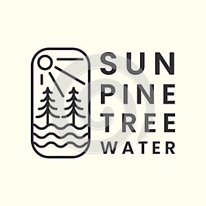pine tree line art logo vector emblem template illustration design. sun, water logo concept