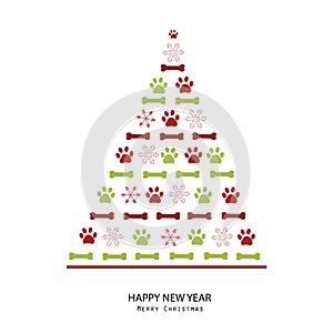 Pine tree made of paw prints. Christmas Happy new year design paw prints and snowflakes background greeting card