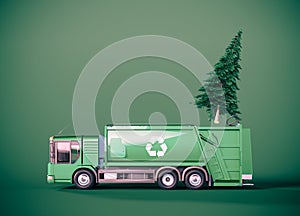 Pine tree with recycling truck on green background with copy space. Recycle Christmas tree concept.