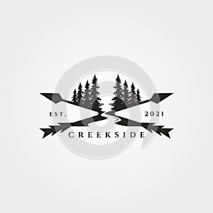 Pine tree river logo landscape vector vintage illustration design