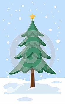 Pine tree in the snow with falling snowflakes on a serene blue background. Vector illustration of a green tree. Christmas vector