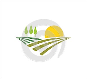 pine tree and sunrise above a crop farm land hill vector icon logo design for agriculture, food crop, hydroponic nursery and farm