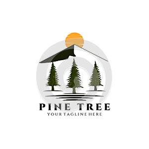 Pine tree sunset logo vector illustration design, colors trees, sunrise logo, nature, outdoor, adveenture