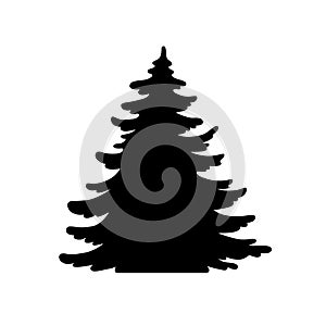 Pine tree vector shape. Hand drawn stylized silhouette monochrome illustration isolated on white.