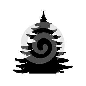 Pine tree vector shape. Hand drawn stylized silhouette monochrome illustration isolated on white background