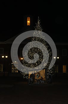 Pine Tree with White Lights and a Nativity Scene at Night